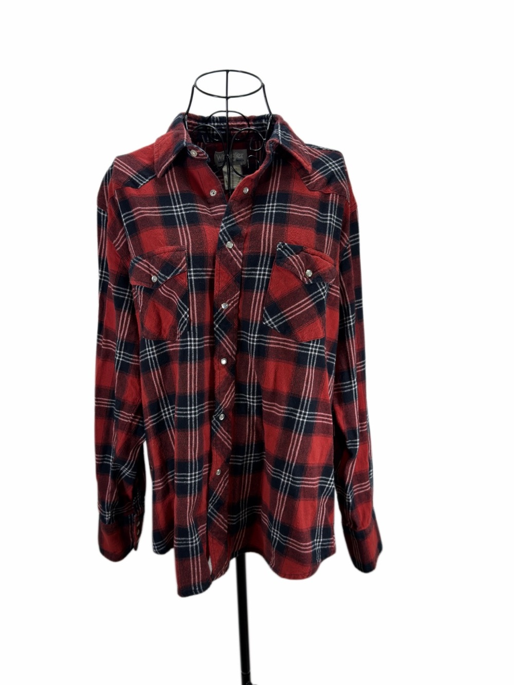 Y2K Wrangler Western Red Black Plaid Pearl Snap Heavy Cotton Shirt L